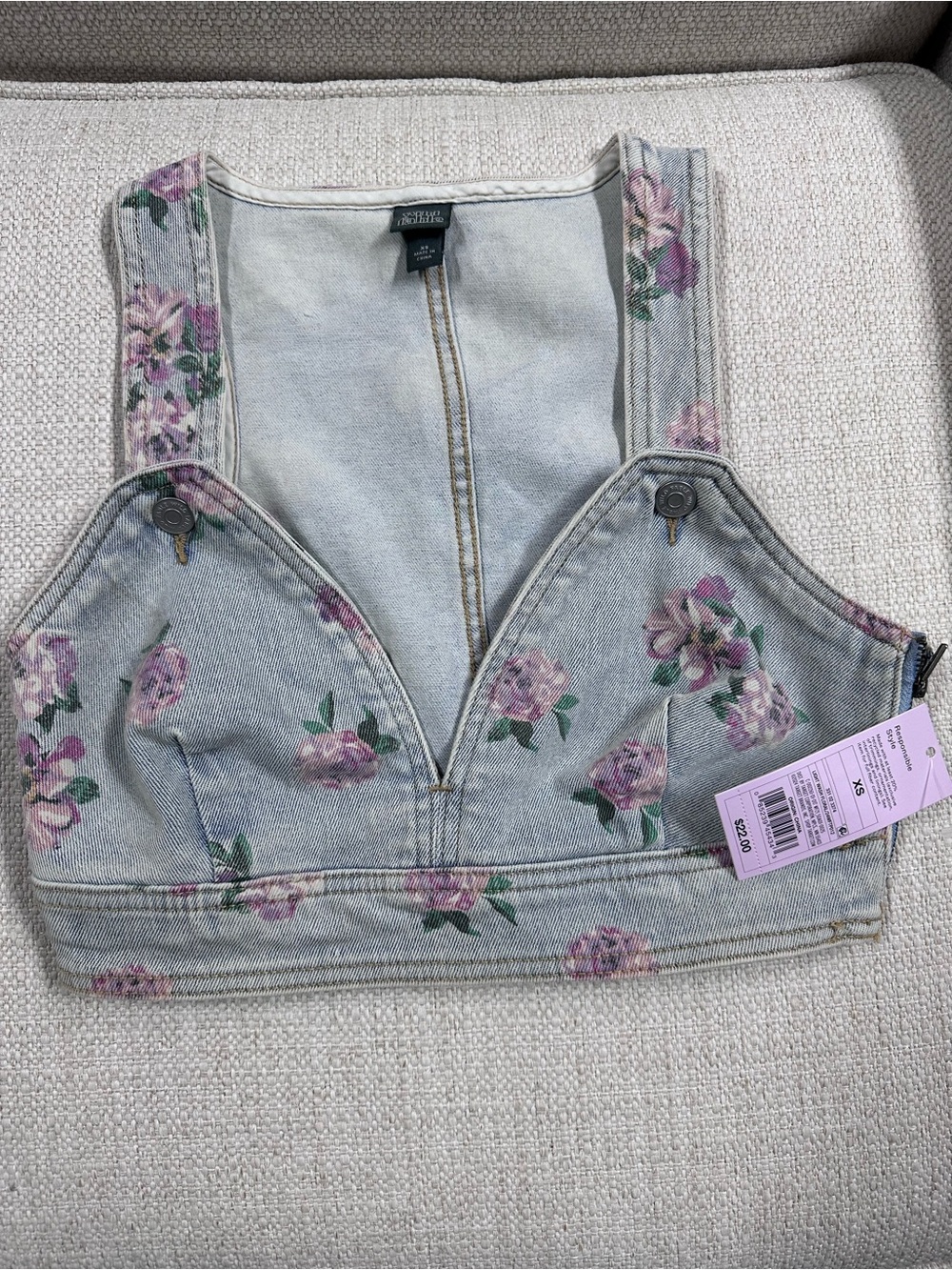 wild fable Light Blue Denim Floral Crop Top with Pink Roses